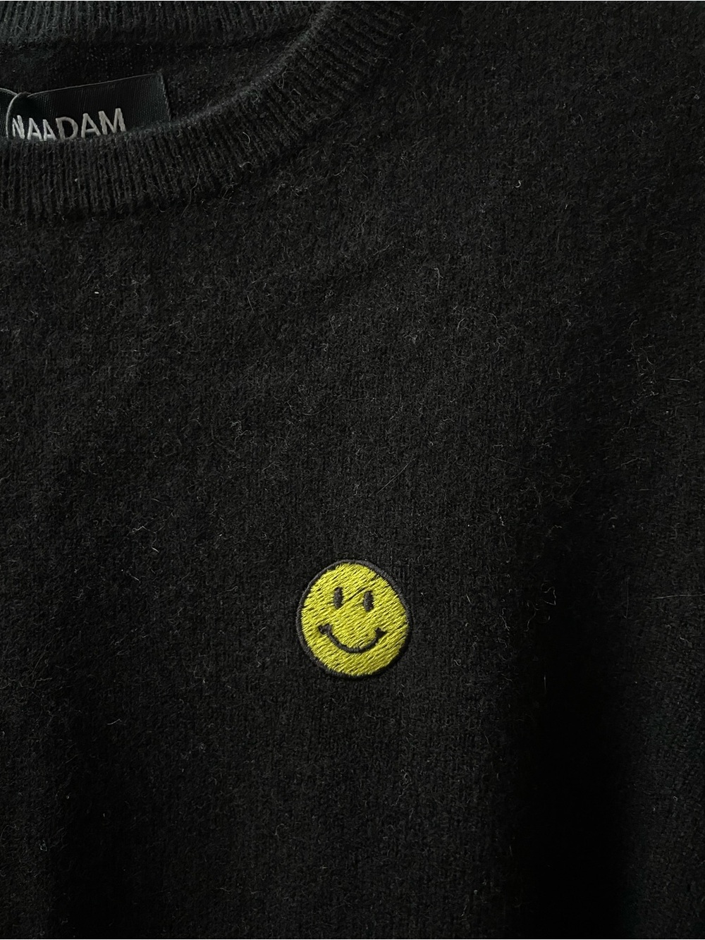 Naadam Black Lightweight Long Sleeve Crewneck Cashmere Sweater with Smiley Patch - Picture 4 of 10